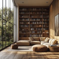 a living room filled with lots of bookshelves next to a couch and ottoman