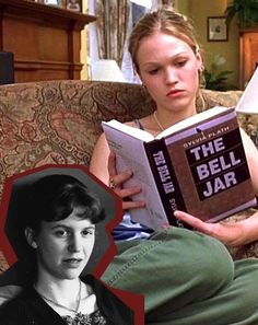 a woman sitting on a couch reading a book next to an image of the bell jar