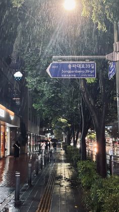 a street sign in the rain with people walking on the side walk and trees lining the sidewalk