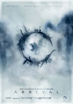 a movie poster for arrival with two people standing in the clouds
