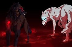 two wolfs standing in the dark with red lights on their backs and one is staring at something