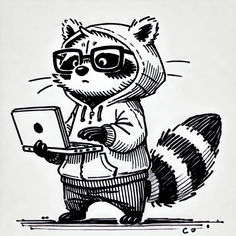 Raccoon IT specialist Funny Pencil Drawing Illustration