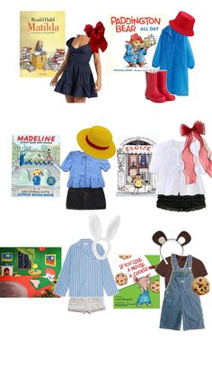 several children's clothing and books are arranged on a white background