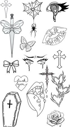 some tattoos that are drawn in black and white with the cross, heart, rose, dragon