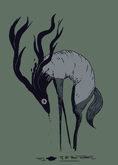 a drawing of a horse with its head in the water and trees growing out of it