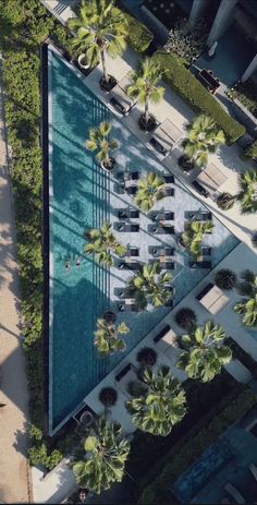 an aerial view of a swimming pool surrounded by palm trees