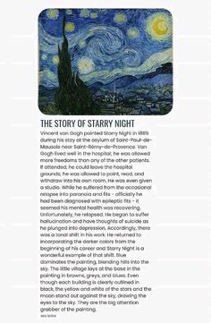 the story of starry night is written in english and spanish, with an image of a