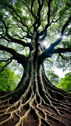 a large tree with its roots exposed and the sun shining through it's branches