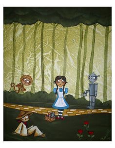 a painting of people walking across a bridge in front of some trees and other animals