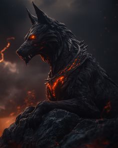 a black dog with glowing eyes sitting on top of a rock in front of a dark sky