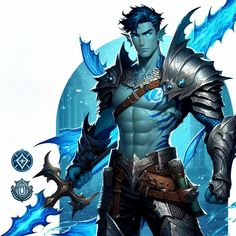 an image of a man in armor with blue hair and horns on his head, holding two swords