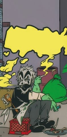 a cartoon character sitting on the ground with fire coming out of his mouth and another person standing next to him