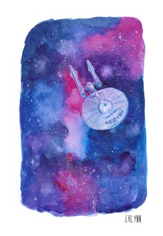 a watercolor painting of a star trek ship in the sky with purple and blue clouds