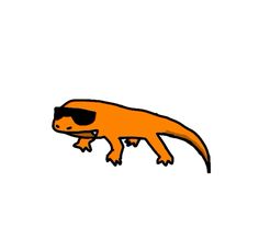 an orange lizard with sunglasses on it's head is walking through the air in front of a white background