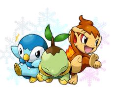 three different pokemon characters sitting next to each other on snowflakes with snow flakes in the background