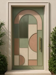 an art deco door is shown with green plants