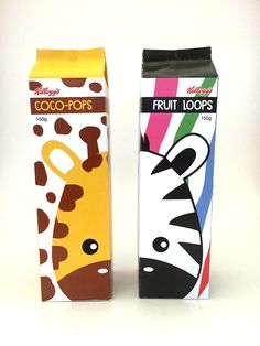 two boxes of fruit loops with zebras and giraffe designs on the side