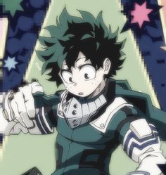 an anime character with black hair and green eyes pointing at something while standing in front of stars