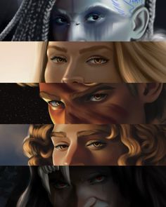 the faces of three different people with long hair and blue eyes, one is staring at something