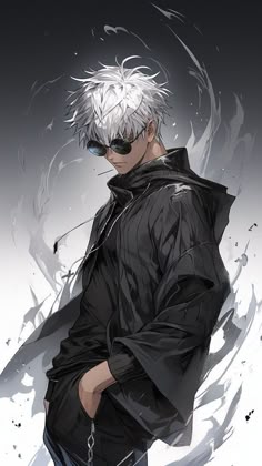 an anime character with white hair and sunglasses standing in front of a black background holding his hands on his hips