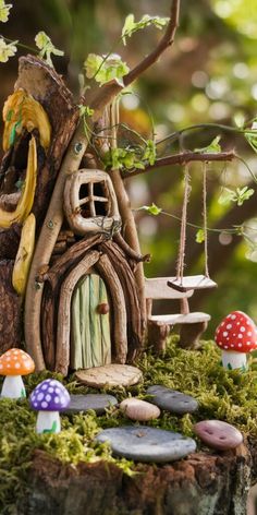 a fairy house made out of tree stumps
