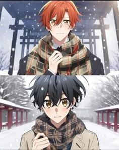 two anime characters one with red hair and the other with black hair, both wearing scarves