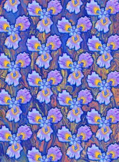 an abstract painting of purple flowers with yellow centers and blue petals in the center, against a multicolored background