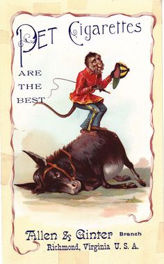 chromo pet cigarettes  - allen & ginter richmond west virginia - monkey jockey standing on recumbent mule | by patrick.marks Monkey Jockey, Monkey Riding A Donkey, Vintage Monkey With Bananas, Vintage Monkey Illustration With Text, Monkey Ad, Barrel Of Monkeys Vintage, Vintage Monkey Illustration In Tube, Victorian Monkey, Sea Monkey Vintage