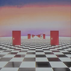 an abstract photo with red doors in the middle of a checkerboard pattern floor