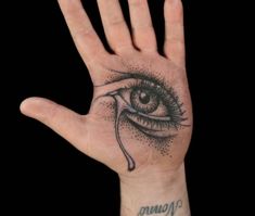 a person's hand with a tattoo on it and an eye drawn on the palm