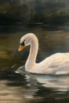 a painting of a white swan swimming in the water