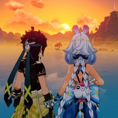 two anime characters standing next to each other in front of an orange and blue sky