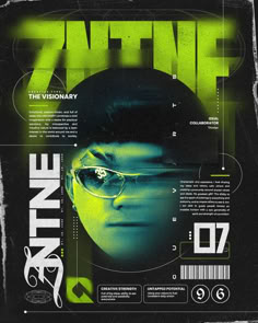 a poster with an image of a person wearing glasses