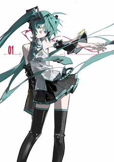 an anime character with green hair and black boots, holding her arms in the air