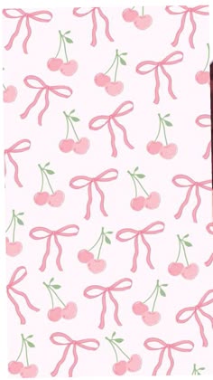 a pink wallpaper with cherries on it and ribbon around the edges, in front of a white background