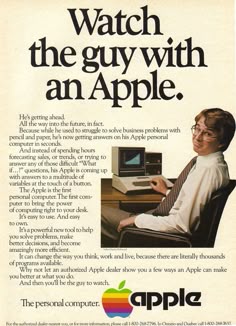 an advertisement for the apple computer with a man sitting in front of his computer screen