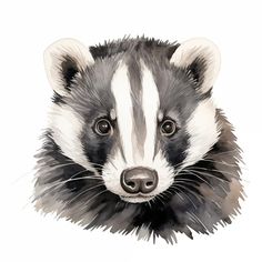 a watercolor painting of a badger's face with black and white stripes on it