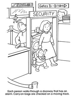 a black and white drawing of people at a security station with the caption, each person walks through a doorway that has an alarm clock