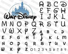 the letters and numbers for disney's castle are drawn in black ink on white paper
