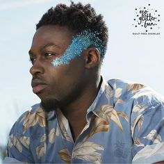 Short Glitter Beard, Mens Festival Makeup, Male Festival Makeup, Men’s Festival Makeup, Body Glitter Men, Blue Festival Makeup Glitter, Men’s Rave Makeup, Masculine Glitter Makeup, Male Glitter Makeup