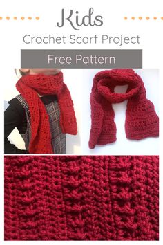the crochet scarf is shown with text that reads, kids crochet scarf project free pattern