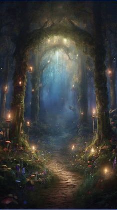 an image of a forest with lights in the trees