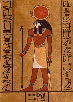 an ancient egyptian painting with writing on the side and symbols around it, including a man holding a staff