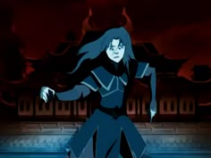 an animated image of a woman with long hair and blue eyes, standing in front of a dark background
