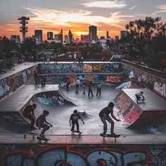several skateboarders are skating in a skate park at sunset