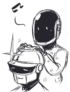 a black and white drawing of a person with a helmet on