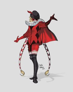 a drawing of a man dressed in red and black, holding his arms out to the side