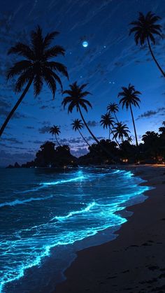 the beach is lit up with blue lights and palm trees in the background at night