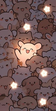 a bunch of small cartoon animals with glowing eyes in the middle of them, all looking like they are surrounded by smaller ones