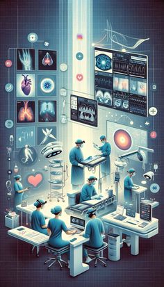 an image of doctors doing surgery in the operating room with medical symbols and images on the wall